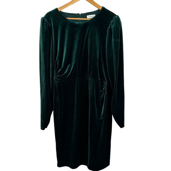 Calvin Klein Green Velvet 3/4 Length Sleeve Ruched Sheath Dress - Picture 1 of 11